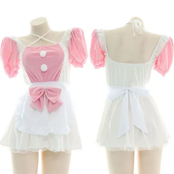Розово-белое плюшевое платье горничной Kawaii Lolita, школьница, Женский фартук с бантом, юбка, Сексуальная одежда для частных фото без спинки